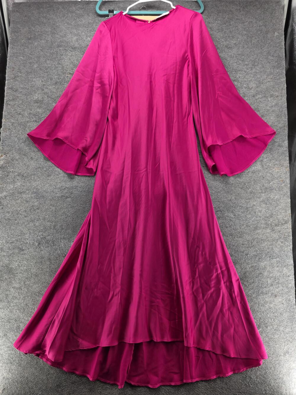 MNG Dress Womens 8 Pink Maxi Hi-Low Long Bell Sleeve Satin Formal Evening Gown